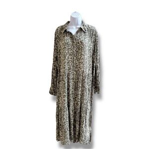 Olive Green Leaf Print Hidden Button Down Collared Long Sleeve Boho Maxi Dress